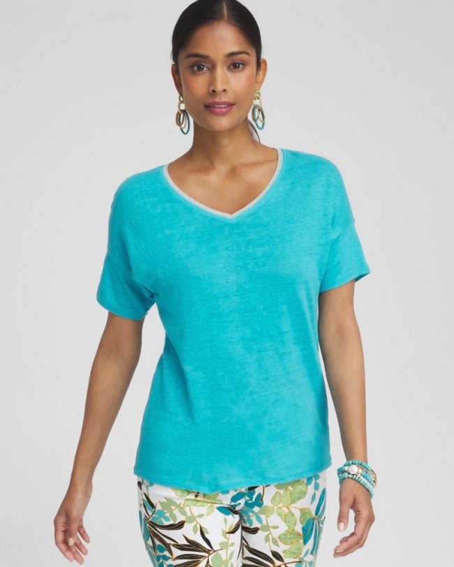 Chicos Linen Sweater Trim Tee - OCEANO Chicos Linen Sweater Trim Tee - OCEANO