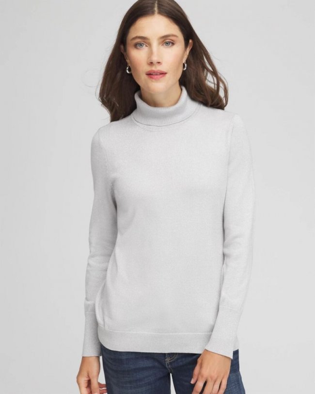 Chicos Metallic Turtleneck Pullover Sweaters - SILVER GLITTER Chicos Metallic Turtleneck Pullover Sweaters - SILVER GLITTER