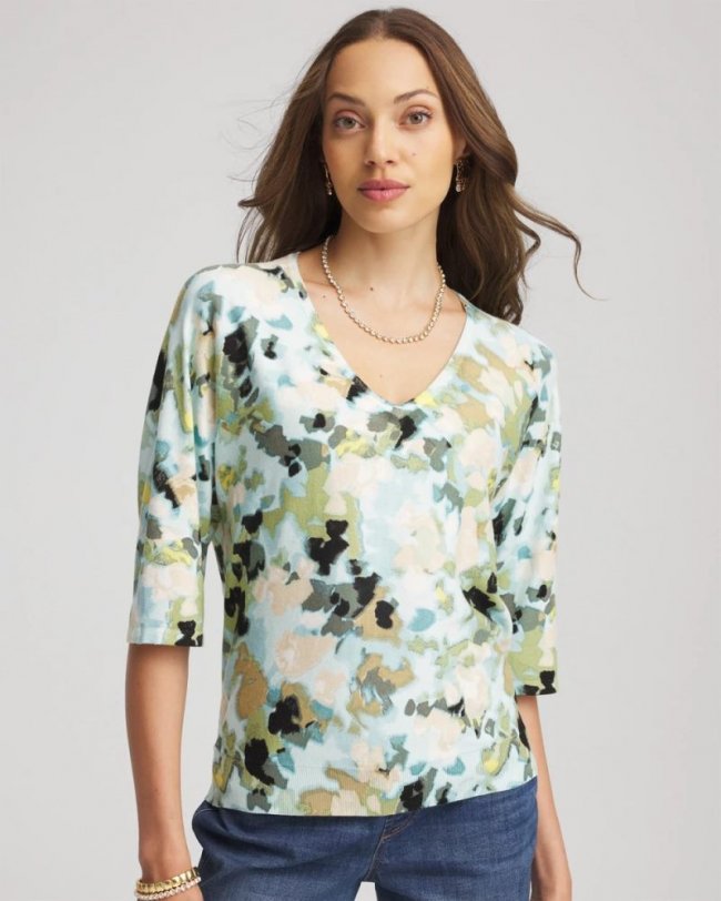 Chicos Printed Dolman V-Neck Pullover Sweater - BLUE MENTHE Chicos Printed Dolman V-Neck Pullover Sweater - BLUE MENTHE