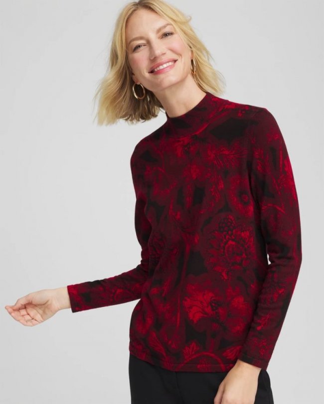 Chicos Ella Printed Mockneck Sweater - CARMINE RED Chicos Ella Printed Mockneck Sweater - CARMINE RED