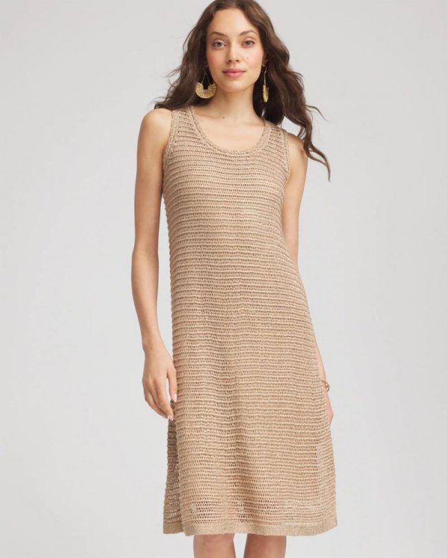 Chicos Crochet-Knit Sequins Tank Dress - CAFE AROMA Chicos Crochet-Knit Sequins Tank Dress - CAFE AROMA