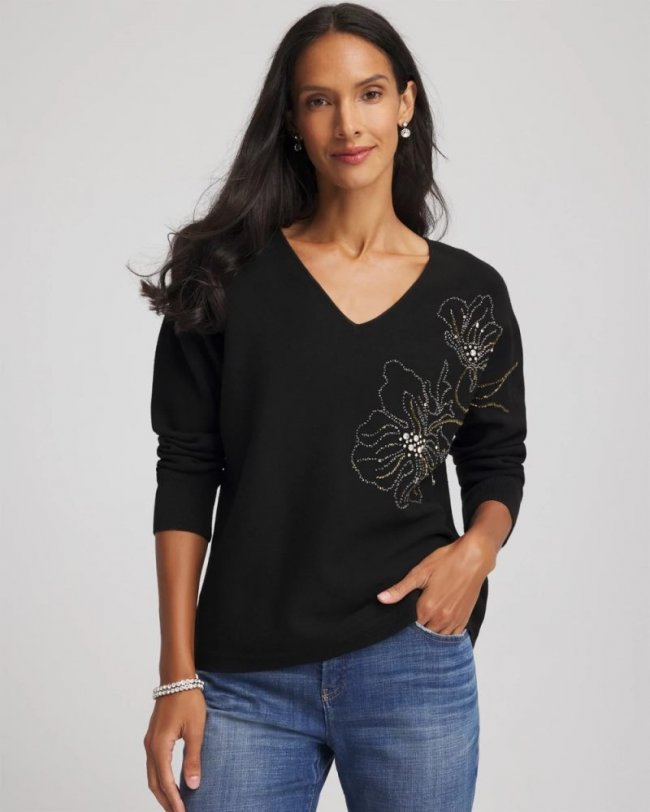 Chicos Floral Embellished Dolman V-Neck Pullover - BLACK Chicos Floral Embellished Dolman V-Neck Pullover - BLACK