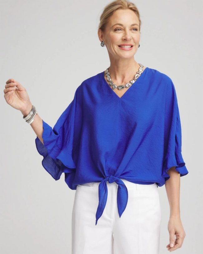 Chicos Ecovero™ Tie-Front Frill Sleeve Blouse - RICH COBALT Chicos Ecovero™ Tie-Front Frill Sleeve Blouse - RICH COBALT