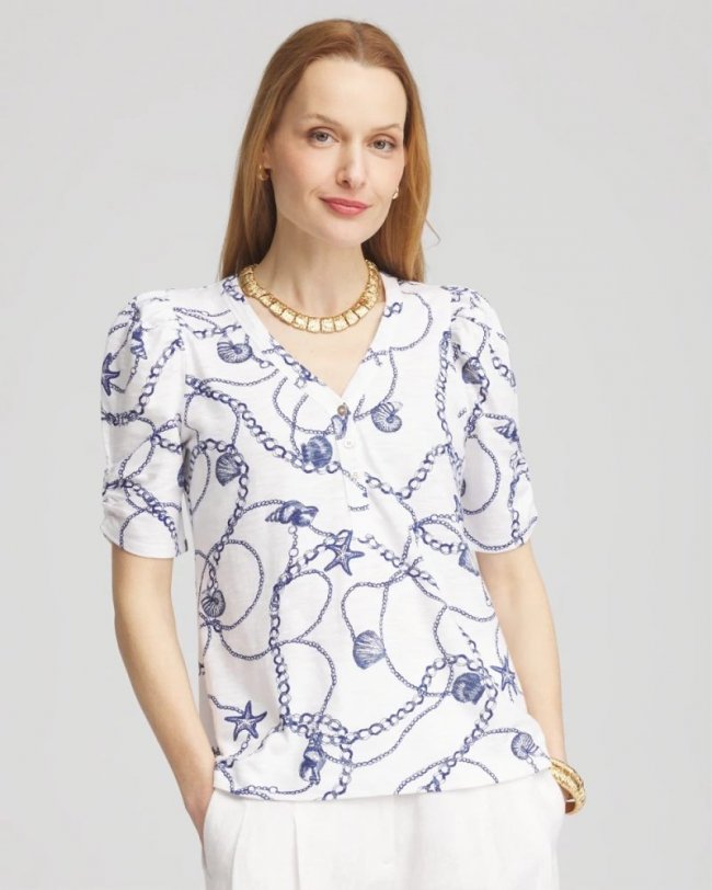 Chicos Seashell Slub Shirred-Sleeve Henley Tee - ALABASTER Chicos Seashell Slub Shirred-Sleeve Henley Tee - ALABASTER