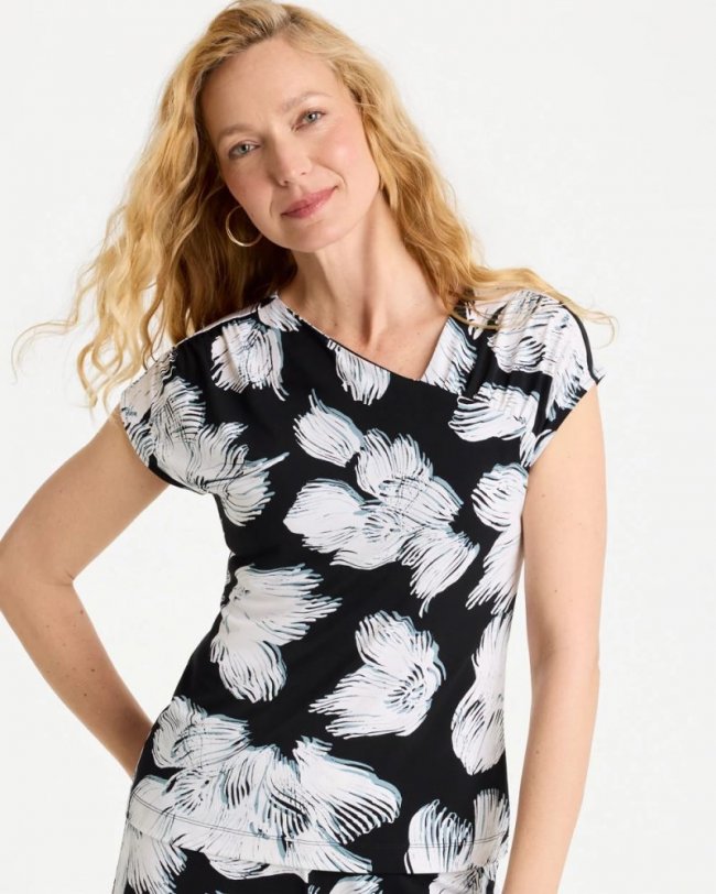 Chicos Travelers™ Knit Abstract Floral Asymmetrical Top - BLACK Chicos Travelers™ Knit Abstract Floral Asymmetrical Top - BLACK