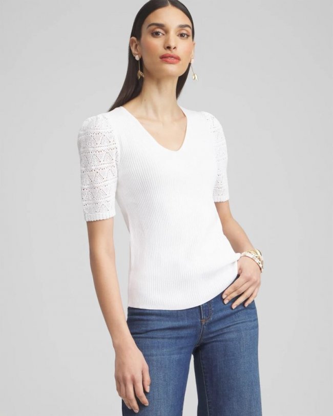 Chicos Pointelle Sleeve Pullover - ALABASTER Chicos Pointelle Sleeve Pullover - ALABASTER