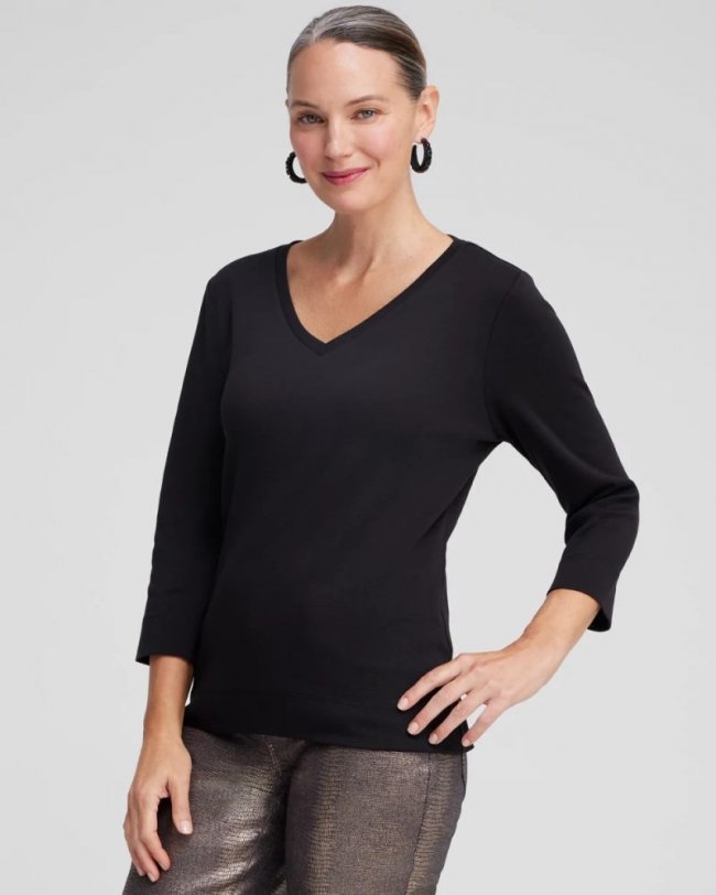 Chicos 3/4 Sleeve V-Neck Tee - BLACK Chicos 3/4 Sleeve V-Neck Tee - BLACK