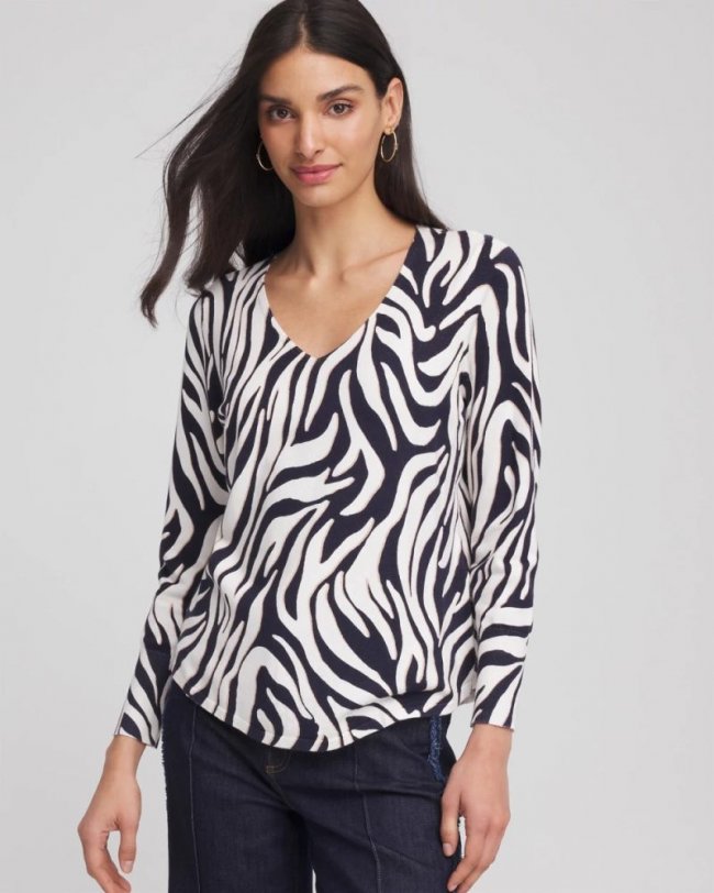 Chicos Ella Zebra V-Neck Pullover Sweater - PASSPORT BLUE Chicos Ella Zebra V-Neck Pullover Sweater - PASSPORT BLUE