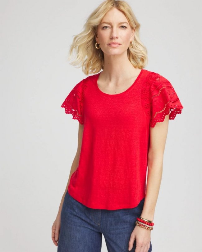 Chicos Linen Embroidered Lace Tee - RED GLOW Chicos Linen Embroidered Lace Tee - RED GLOW