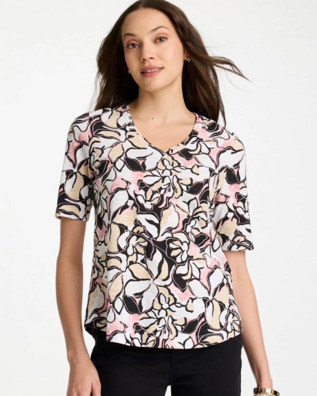 Chicos Printed Cotton Slub V-Neck Tee - BLACK Chicos Printed Cotton Slub V-Neck Tee - BLACK