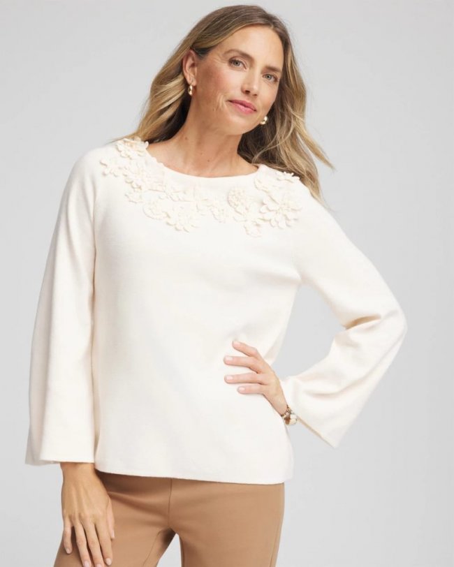 Chicos Appliqué Flared-Sleeve Sweater - ENGLISH CREAM Chicos Appliqué Flared-Sleeve Sweater - ENGLISH CREAM