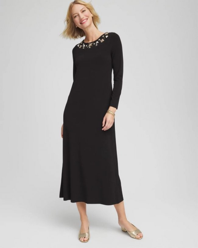 Chicos Embellished Column Maxi Dress - BLACK Chicos Embellished Column Maxi Dress - BLACK