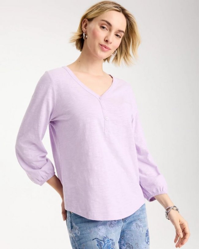 Chicos Puff Sleeve Cotton Slub Henley Tee - ORCHID MIST Chicos Puff Sleeve Cotton Slub Henley Tee - ORCHID MIST