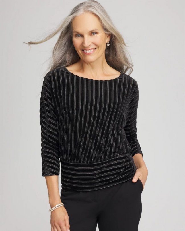 Chicos Velvet Burnout Stripe Banded-Bottom Top - BLACK Chicos Velvet Burnout Stripe Banded-Bottom Top - BLACK