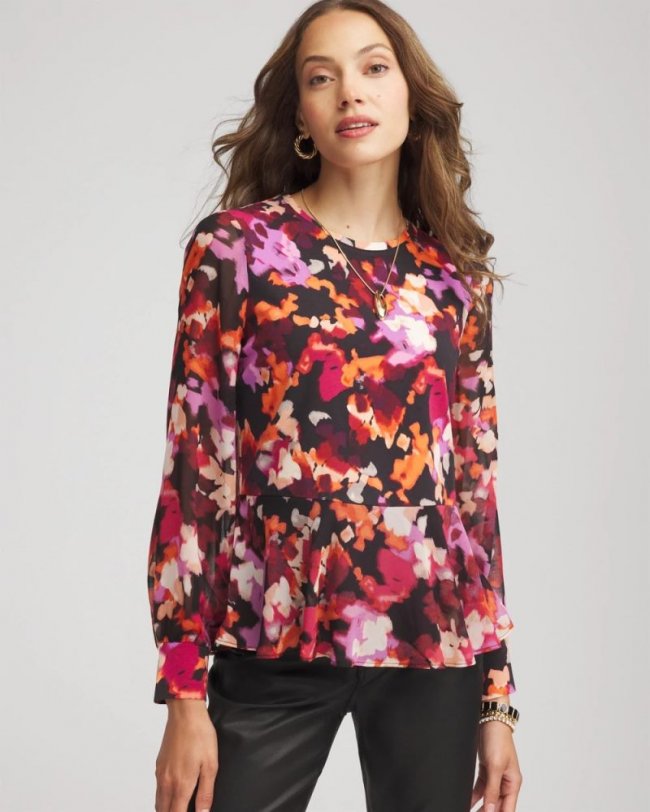 Chicos Printed Chiffon Peplum Top - BLACK Chicos Printed Chiffon Peplum Top - BLACK