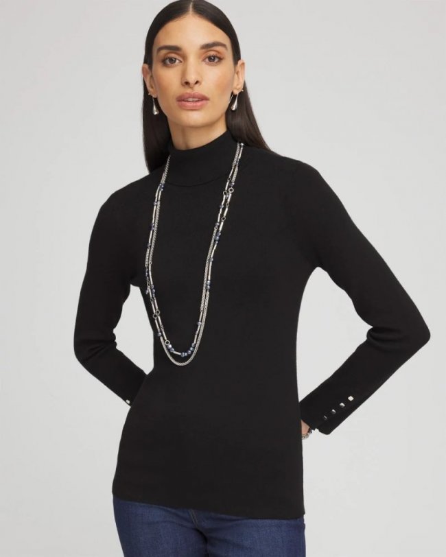 Chicos Ella Button Cuff Turtleneck Sweater - BLACK Chicos Ella Button Cuff Turtleneck Sweater - BLACK