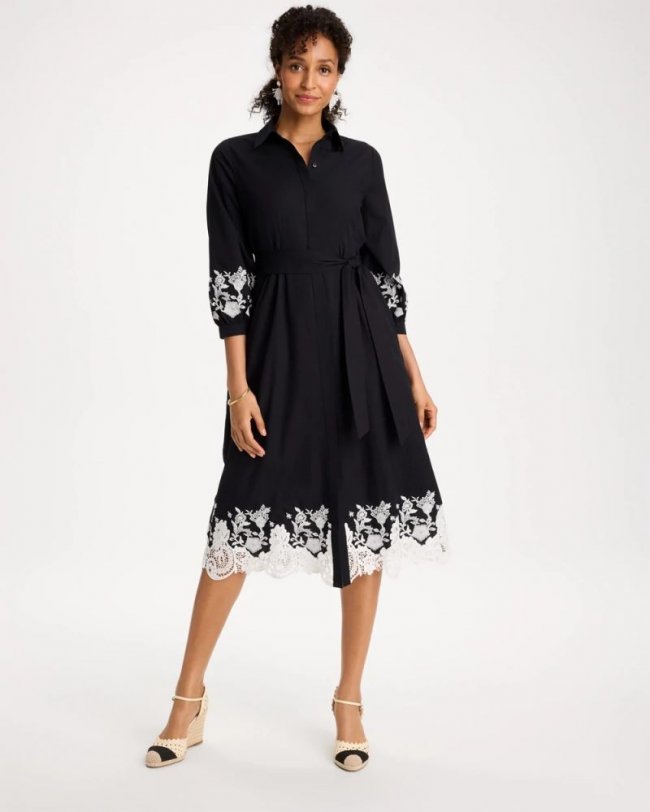 Chicos Cotton Lace Trim Shirtdress - BLACK Chicos Cotton Lace Trim Shirtdress - BLACK