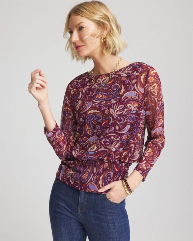 Chicos Paisley Textured Banded-Hem Top - DEEP CHIANTI Chicos Paisley Textured Banded-Hem Top - DEEP CHIANTI